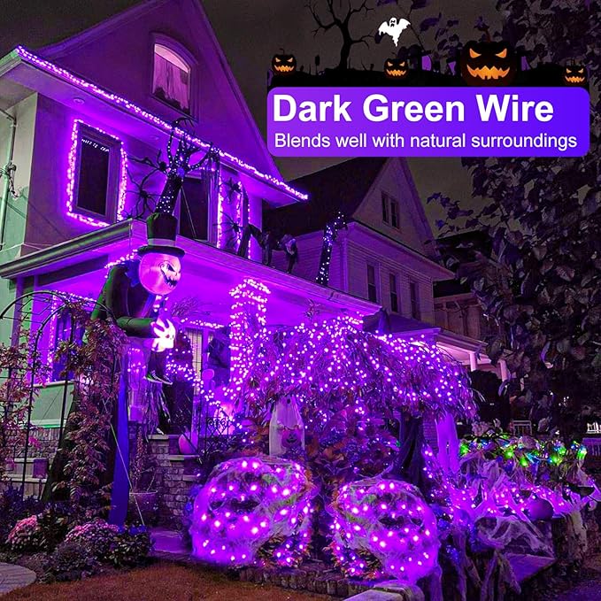 Purple Halloween Lights, 66FT 200 LED Halloween Lights Outdoor with 8 Modes Waterproof, Connectable String Light Indoor Green Wire for Tree Garden Patio Party Holiday Decorations