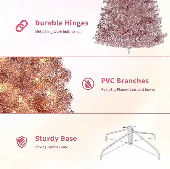 GarveeHome 4.5ft Prelit Artificial Christmas Tree with 150 Warm White Lights, Pre-Lit Snow Flocked Pencil Christmas Tree, Foldable Base,Holiday Decoration for Home, Office, Party,Rose Gold Tinsel