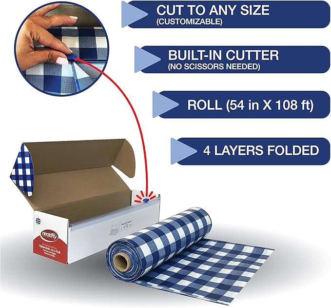 Neatiffy Disposable Plastic Table Cloth Roll | 54 in x 108 Ft Waterproof Tablecloth | Table Cover for Rectangle, Square, Round Oval Tables | Picnic, Party, Banquet, Birthdays, Weddings - Blue Gingham