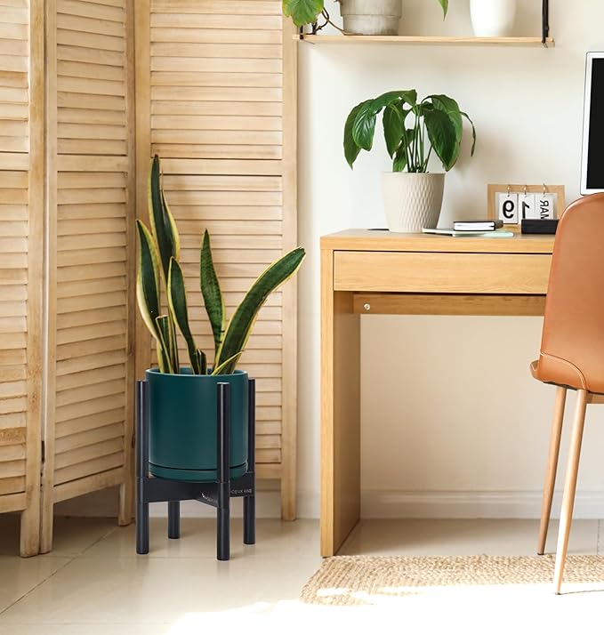 D'vine Dev Ceramic Planter with Ebony Stand - 8 Inch Modern Round Flower Pot with Wood Planter Holder, Teal, 55-B-M-4