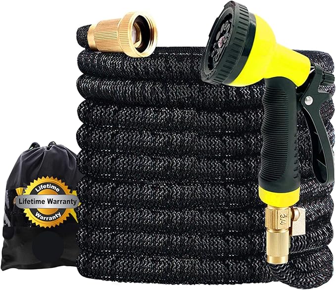 J&B XpandaHose 75ft Expandable Garden Hose with Holder - Heavy Duty Superior Strength 3750D - 4 -Layer Latex Core - Extra Strong Brass Connectors and 10 Spray Nozzle w/Storage Bag (Black 75)