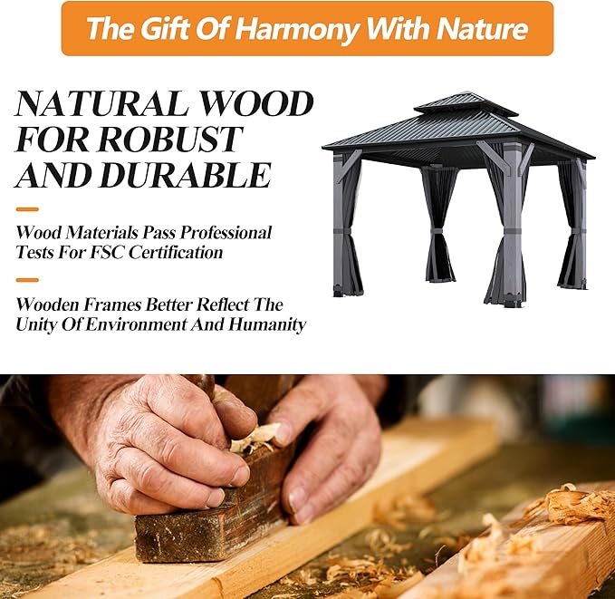 GARTOO 8.5' x 8.5' Outdoor Wood Gazebo - Permanent Wooden Hardtop Gazebo Pavilion with Double Curtains, Galvanized Steel Roof Cedar Wood Gazebos for Poolside, Garden, Lawn, Backyard Deck