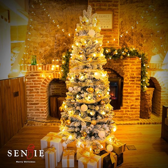 Senjie Prelit Snow Flocked Pencil Christmas Tree, Slim X-mas Tree with LED Lights,Folding Metal Stand, Perfect for Holiday Indoor Décor 7FT