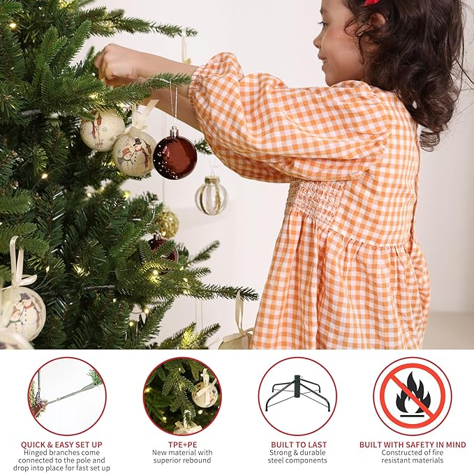 7.5ft Fraser Slim Fir Pre-Lit Artificial Christmas Tree with 792 Low-Voltage Warm LED Lights, Easy Plug & Foldable Stand, Realistic Flame-Resistant Branches