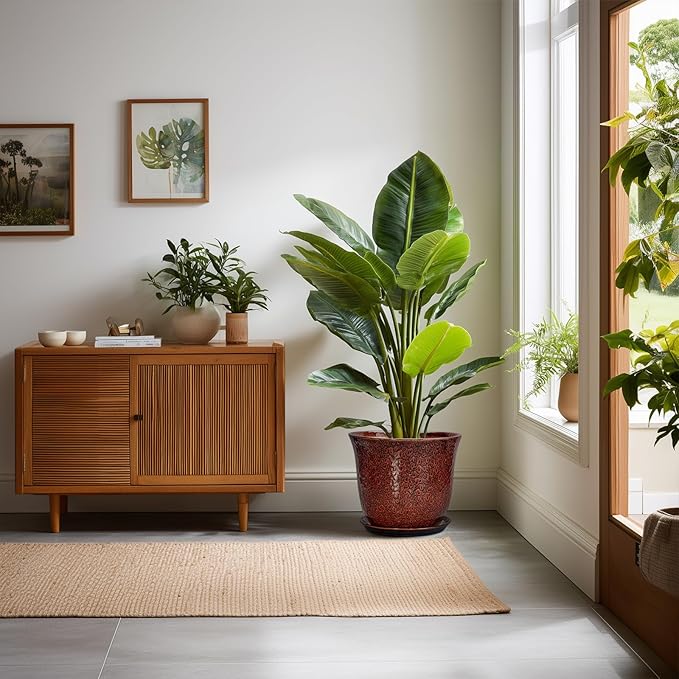 10 Inch Plant Pot - Ceramic Pots for Plants with Drainage Hole and Saucer, Round Flower Pot for Indoor Outdoor, Modern Ceramic Planter, Garden Room Home Decor, House Warming Gifts, Red