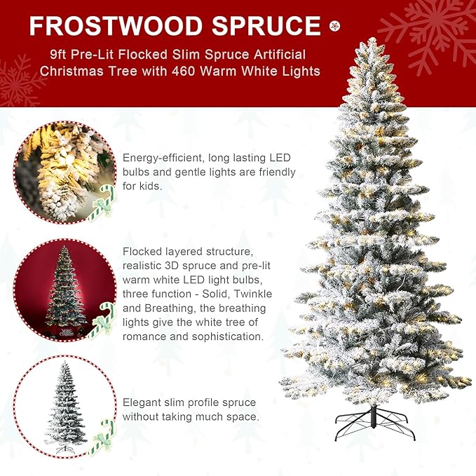 Glitzhome 9ft Pre-Lit Flocked Slim Artificial Christmas Tree Frostwood Spruce with 460 Warm White Lights and Sturdy Metal Stand for Home, Office, Party Decoration