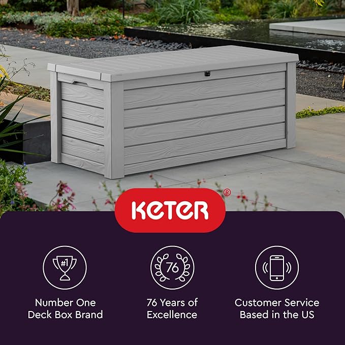 Keter Westwood 150 Gallon Resin Large Outdoor Storage Box for Patio Furniture, Outdoor Cushions, Garden Tools and Pool Floats, Light Grey