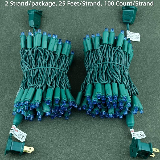 YULETIME Blue Wide Angle LED Christmas Lights 200 Count 50 ft, Pack of 2 Strands 25 ft 100 Lights UL Certified Commercial Grade String Light Set (Blue)