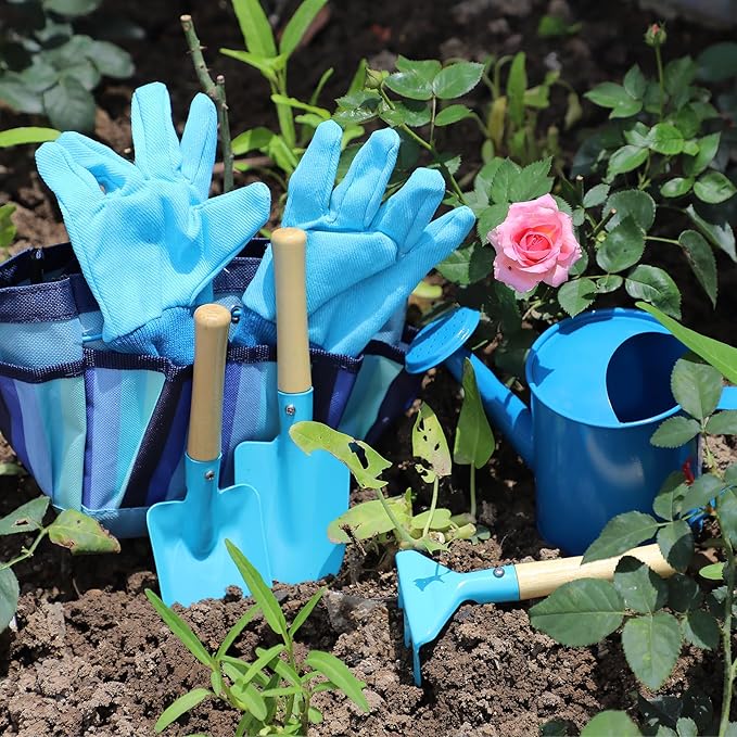 Kids Gardening Tools Set, Toddler Play Kit Child Outdoor Toy with Gloves, Watering Can, Metal Shovel, Rake, Spade & Storage Bag, Backyard Sand Digging Birthday for Boys Girls 3-5 (Blue)