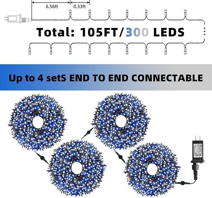 XTF2015 Christmas String Lights, 105ft 300 LED Christmas Lights 8 Modes Memory Function & Timer- UL Certified - Outdoor Indoor Christma s Fairy Lights for Tree, Garden, Party, Wedding(Blue + White)