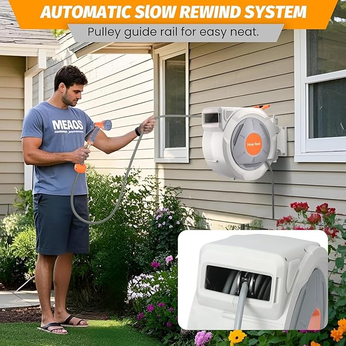 Retractable Garden Hose Reel 5/8 in x 65 Ft, EliteEdge Wall Mounted Garden Hose Reel, with 9 Function Sprayer Nozzle, Any Length Lock, Lock/Automatic Slow Return System, 180° Swivel Bracket