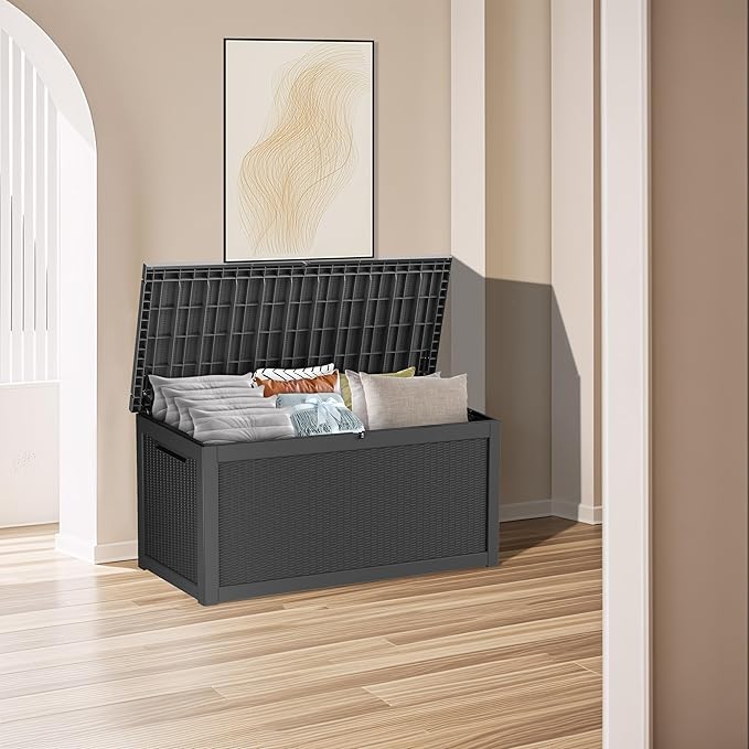 320 Gallon Waterproof Large Resin Deck Box Indoor/Outdoor Lockable Storage Container and Seating for Garden, Pool, and Patio (320 Gallon, Black)