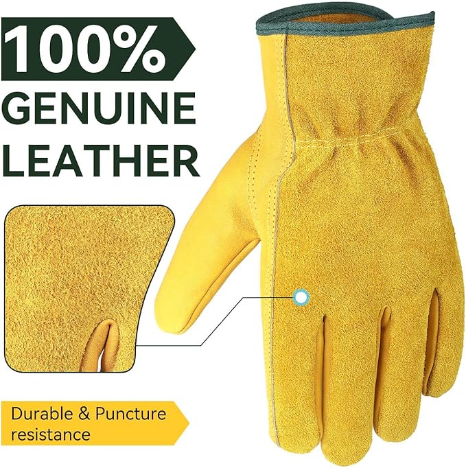OZERO 5 Pairs Leather Work Gloves Flex Grip Tough Cowhide Gardening Glove for Wood Cutting/Construction/Truck Driving/Garden/Yard Working for Men and Women (Gold,Medium)
