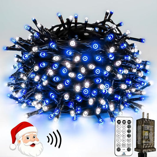 Voice Controlled Christmas Lights with Remote, 99 FT 300 LED String Lights Indoor Outdoor with 12 Modes 3 Timers, Dimmable Twinkle Light Plug in Waterproof for Xmas Tree Party Decor, White and Blue