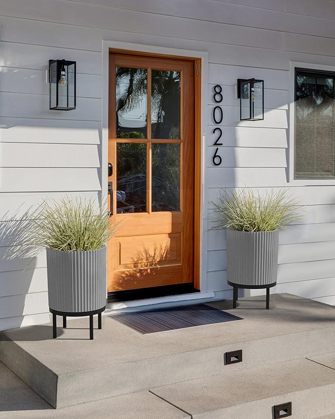 Veradek Demi Series Round Planter w/Stand for Porch/Patio | Durable Plastic-Stone Composite & Wooden Stand | Modern Décor for Tall Plants, Flowers