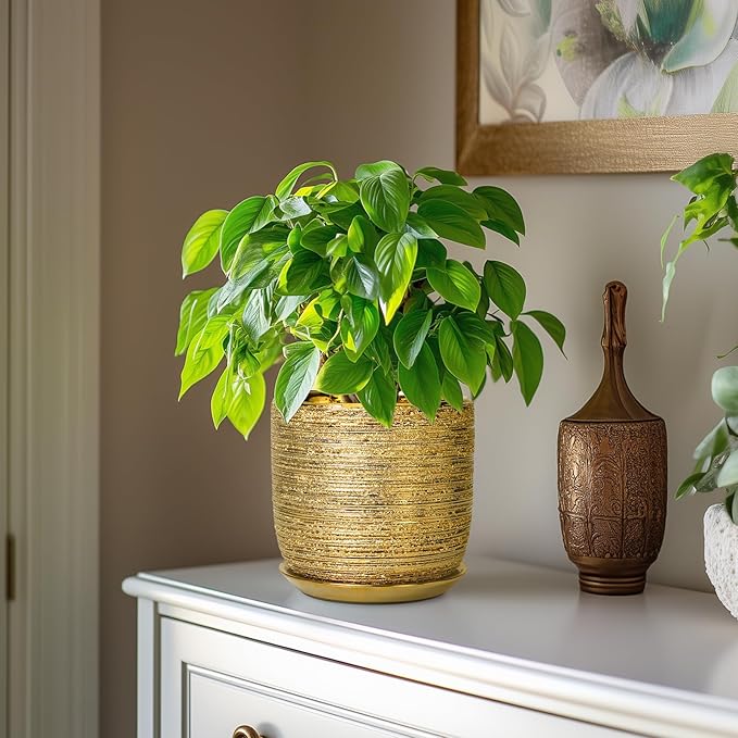 Ceramic Plant Pot 7 Inch - Ceramic Planter for Indoor Outdoor Plants, Round Modern Flower Pot with Drainage Hole and Saucer, Housewarming Gifts, House Patio Office Home Decor, Gold