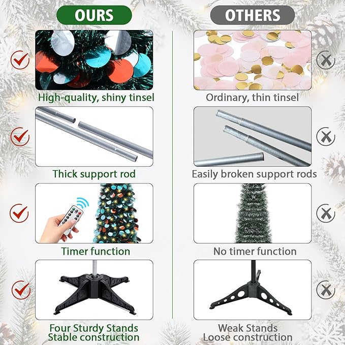 HMASYO 6 FT Pop Up Christmas Tree with 100 LED Lights & Remote, Green Christmas Tinsel Tree, Collapsible Artificial Pencil Tree for Home Office Party Decor, USB Powered Timer Lights, Easy Assembly