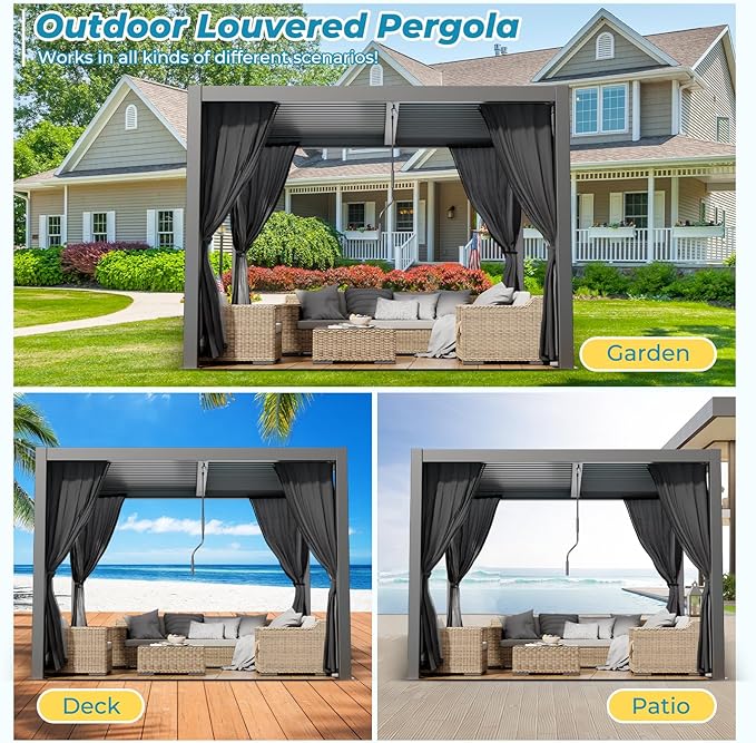 LVUYOYO Outdoor Louvered Pergola 10' x 10', Aluminum Pergola with Adjustable Roof, Waterproof Metal Gazebo with Curtains and Netting for Patio, Backyard, Garden, Deck (Black)