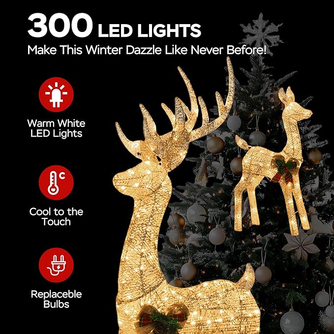 Outdoor Reindeer Family Christmas Decor, 3-Piece Large Golden Deers (Buck/Doe/Fawn) Holiday Xmas Lawn Decorations, with 300 Warm White LED Lights, Prefect for Yard, Garden