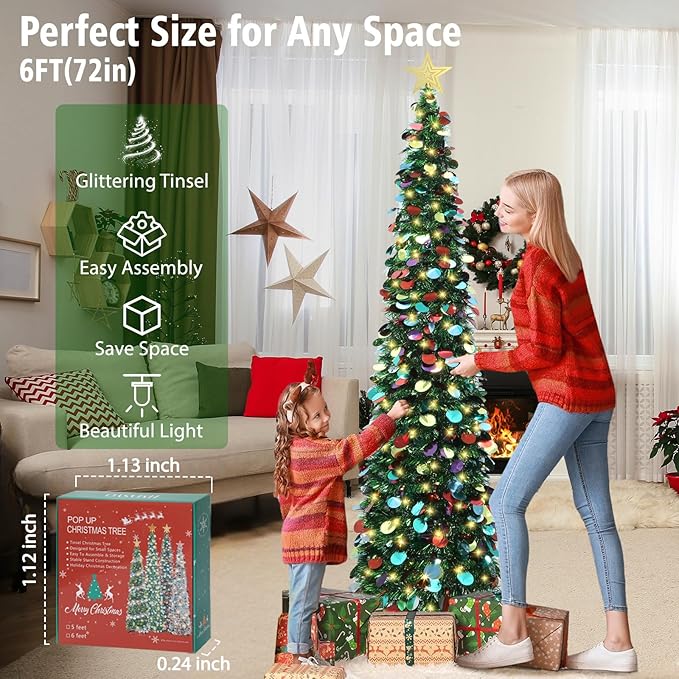 HMASYO 6 FT Pop Up Christmas Tree with 100 LED Lights & Remote, Green Christmas Tinsel Tree, Collapsible Artificial Pencil Tree for Home Office Party Decor, USB Powered Timer Lights, Easy Assembly