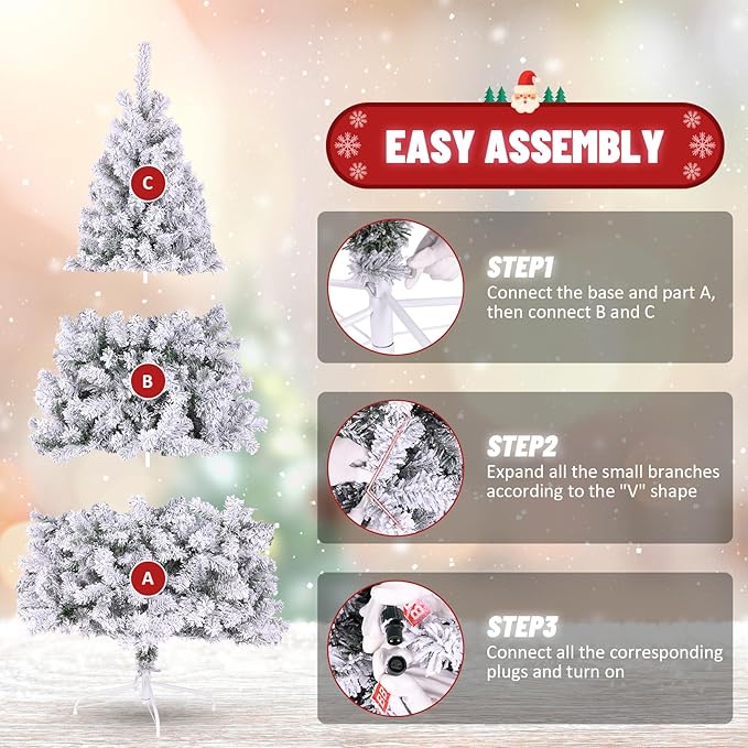 6FT Flocked Green Artificial Christmas Tree with 250 Warm White LED Lights – Pre-Lit Snow Tipped Full Tree for Indoor Holiday Home, Apartment, Living Room, Office, Winter Décor