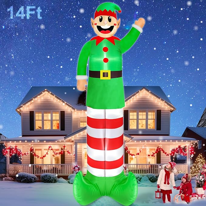 14 Ft Super Tall Christmas Inflatable Elf, Christmas Inflatables Decoration Outdoor Blow Up Giant Santa Elf with Built-in LED Lights Inflatable Christmas Decoration for Yard Outside Garden Lawn