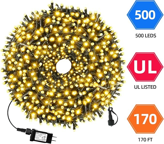 170FT 500 LED Christmas Lights Outdoor Indoor, Waterproof Christmas Tree Lights for Christmas Decorations with Timer, 8 Modes Memory Function (Warm White)