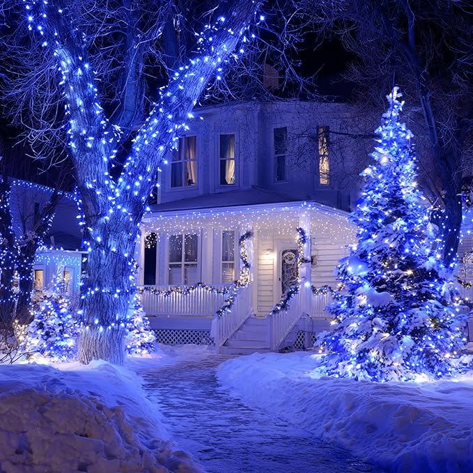 TW SHINE Christmas Lights, 600 LED 196FT Christmas String Lights Plug-in with 8 Modes Timer and Remote, Waterproof Outdoor Decorations for Bedroom Wedding Party Yard Tree Decor, Blue & White
