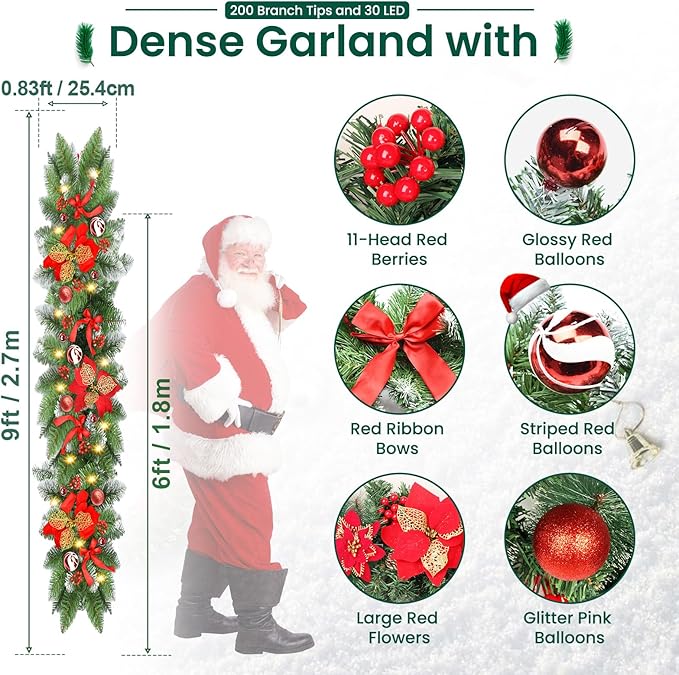 Christmas Garland with Lights, 30 LED Pre Lit Xmas Garland for Stairs Fireplace Front Door Table Porch Arch Mantle Garden Gate Staircase,Light Up Artificial Wreath Home Outdoor Decorations