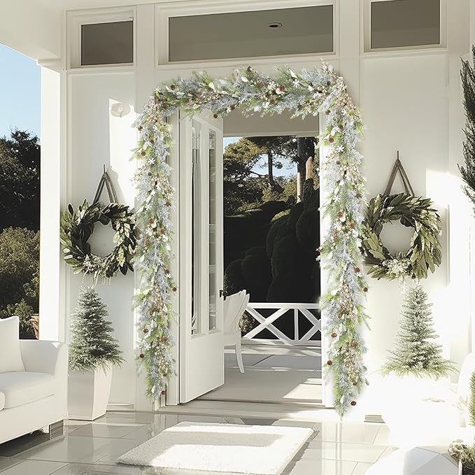 WBHome 6ft Mixed Snowy Norway Spruce & Pine Branch with Shimmy Berries Mantle Christmas Garland, Winter Flocked Garland for Christmas Holiday Seasonal Indoor/Outdoor Home Decor Mantle