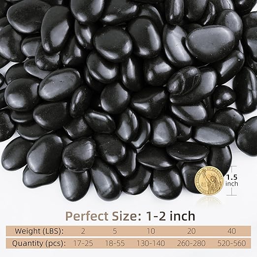 5lbs Black Pebbles for Indoor Plants, 1-2Inch Natural River Rocks for Aquarium, High Polished Decorative Stones for Vase Filler Fish Tank Landscaping Garden