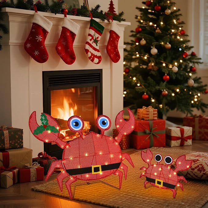 Prsildan Outdoor Christmas Decorations - Set of 2 LED Lighted Crab Yard Decor, 2D Battery Operated Holiday Lawn Figures for Porch, Garden, Home, Xmas Party Decor (Red)