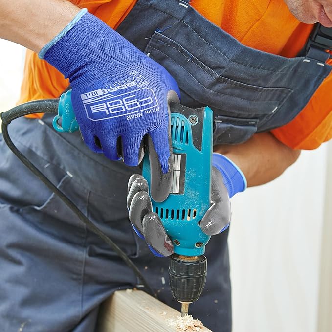 COOLJOB 10 Pairs Nitrile Dipped Safety Work Gloves with Grip, Non-slip Rubber Coated Bulk Garden Gloves for Men, Heavy-duty Oil Resistant for Truck Driver, Warehouse Box Handler, Medium, Red Blue