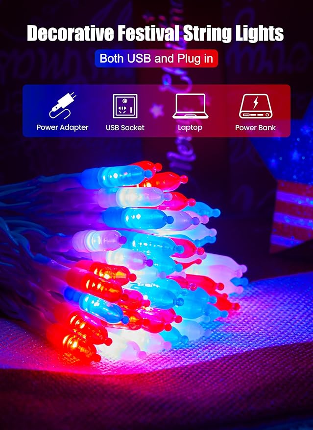 Red White Blue String Lights Plug in with Adapter,100 LED 33 Feet 4th of July Decoration Patriotic Mini Lights with Remote, Waterproof for Indoor Bedroom Wedding Party Holiday Independence Day