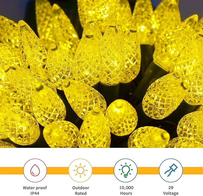 WATERGLIDE C6 Christmas Lights, 33ft 100 LED Faceted String Lights Green Wire Fairy Lights with 29V Safe Adaptor, 8 Lighting Mode, Waterproof for Indoor Outdoor Patio Xmas Tree Party Decor, Yellow