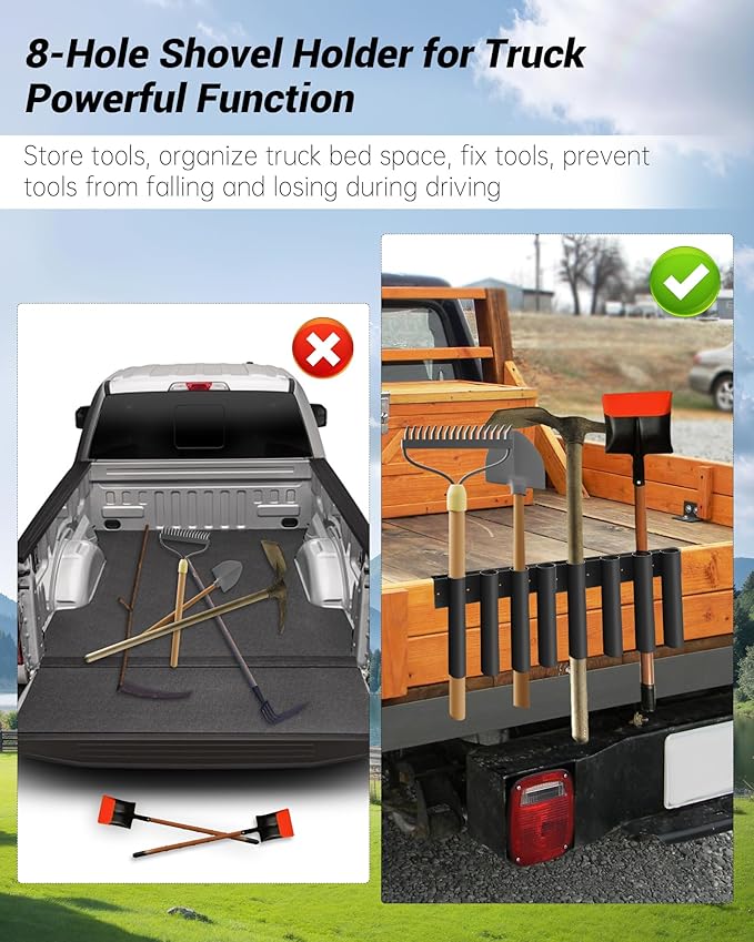8-Hole Shovel Holder for Truck, Heavy Duty Trailer Tool Rack for Trimmer, Rake, Lawn Tools, Landscape Hand Tools