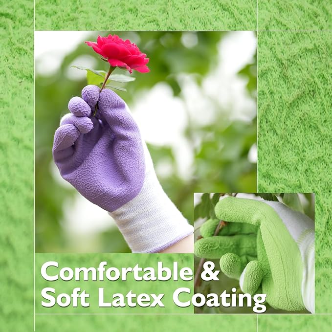 Gardening Gloves, Bamboo Fiber, Touch, Breathable, Rubber Coated, Green & Purple, S to XL