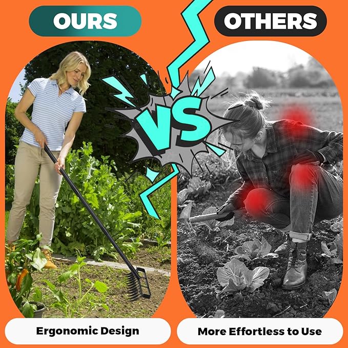 Stirrup Hoe with 76.8" Adjustable Long Handle Hula Hoe Weed Puller Heavy Duty Garden Hoe with 12 Tines Rake 2-in-1 Gardening Tool for Loosening Soil, Gathering Leaves, Weeding