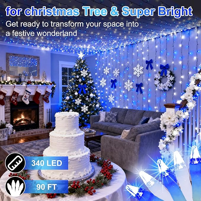 340 LED 90FT Christmas String Lights Outdoor, 12 Pro Modes and Timer Memory & Brightness, Plug in Outdoor Waterproof Clear Wire Twinkle Light for for Xmas Yard Tree Wedding Party Decor (Blue & White)