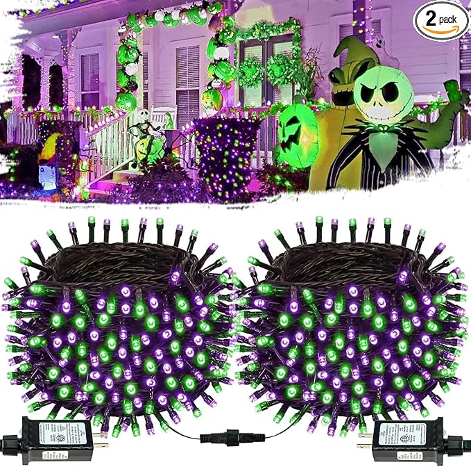 Connectable Purple and Green Halloween Lights, 2Pack 164ft 400LED 13 Modes String Lights Plug in, Twinkle Light with Timer Indoor/Outdoor for Tree Halloween Decorations Party