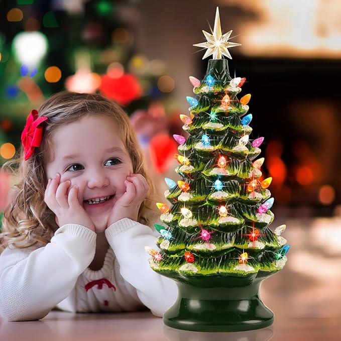 Lakumu 16.5" Table Top Christmas Tree, Hand Painted Resin Christmas Tree with Lights, Pre-lit Xmas Tree Decor Lighted Tabletop Decoration with Multicolored LED Bulbs, Ceramic-Like Finish