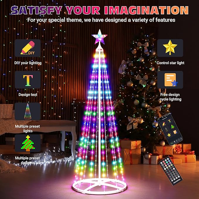 5FT+6FT+7.5FT Smart Cone Christmas Tree, Multicolor Prelit Outdoor Christmas Tree Lights, Music Sync, App & Remote Control, LED Light Show Tree for Indoor Outdoor Decorations