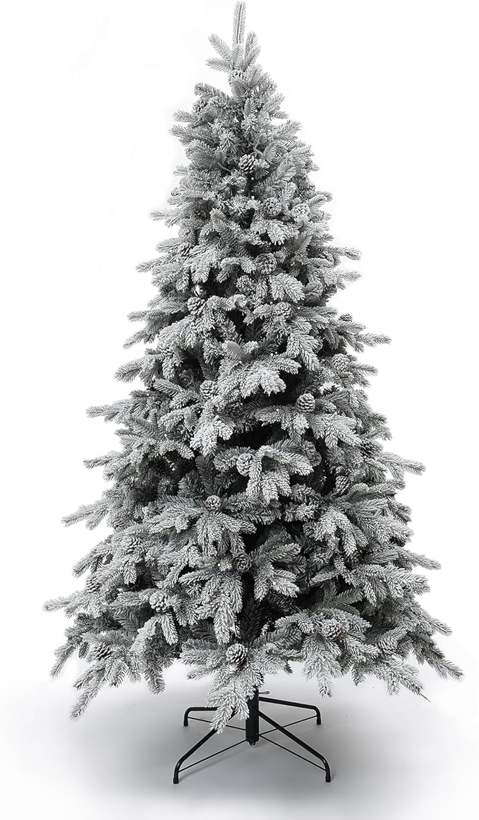 LuxenHome 6FT Christmas Tree with Lights, Full Flocked Artificial Christmas Tree with Pine Cone, 280 LED Lights, and Snow Flocked Branches, Prelit Pine Tree for Indoor, Outdoor Holiday Décor