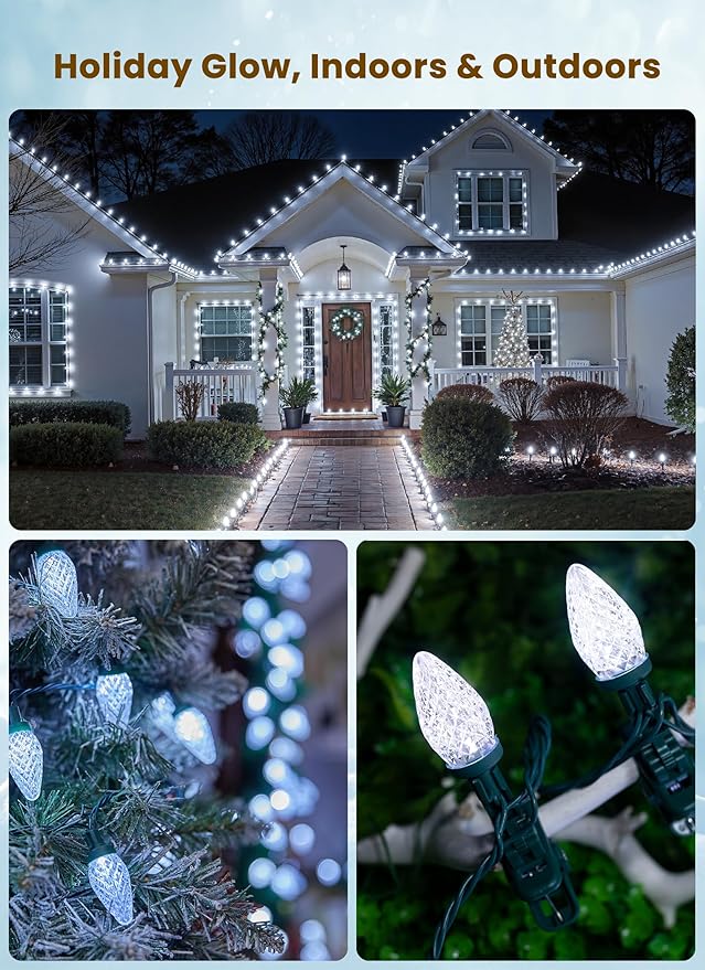 C9 LED Christmas Lights Outdoor, 66 Feet 100 LED C9 String Lights with 100 Spring Clips, Waterproof Connectable Christmas Tree Lights for Outside Roofline Patio Home Xmas Decor, Pure White 2 Pack