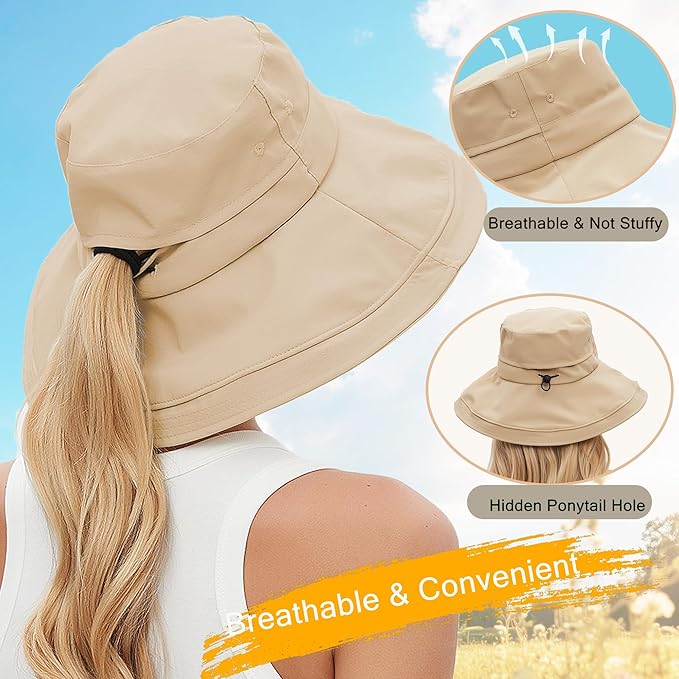 Sun Hats for Women Men UV Protection Wide Brim Bucket Hat with Ponytail Hole Waterproof Gardening Fold-Up Summer Cap