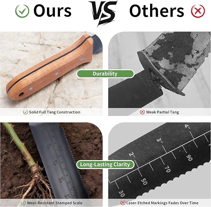 YANG Hori Hori Garden Knife, 7" Stainless Steel Gardening Knife with Oxford Cloth Sheath, Full Tang Beechwood Handle EDC Garden Tool for Dividing Plants & Weeding, Forked Tip for Transplanting