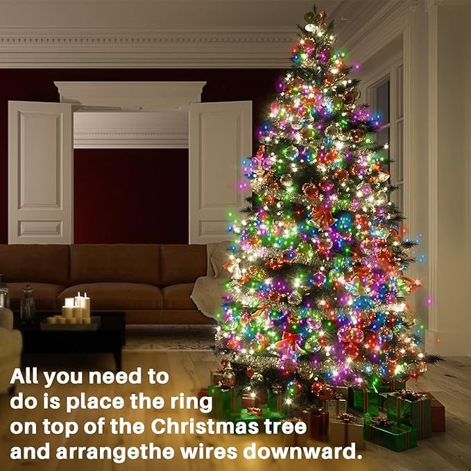 VIL Christmas Tree Lights with Ring,6.6Ft 8 Line 280 LED Green Wire Fairy Waterfall String Lights Plug in,Icicle Twinkle Lights with 8 Lighting Modes for Indoor Outdoor Xmas Tree(Multicolor)