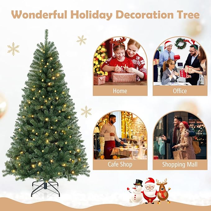 GOFLAME 7FT Prelit Artificial Christmas Tree, Hinged Xmas Tree with 830 Branch Tips, 250 Warm White LED Lights, 8 Lighting Modes, Holiday Decoration Tree for Home Office Party