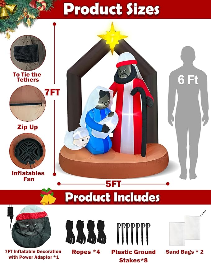 7 Ft Tall 5 Ft Long Christmas Inflatables African American Nativity Scene Outdoor Decoration, Blow Up Black Jesus Manger Set with Built-in 7 Light Inflatable Xmas Decor Yard Lawn