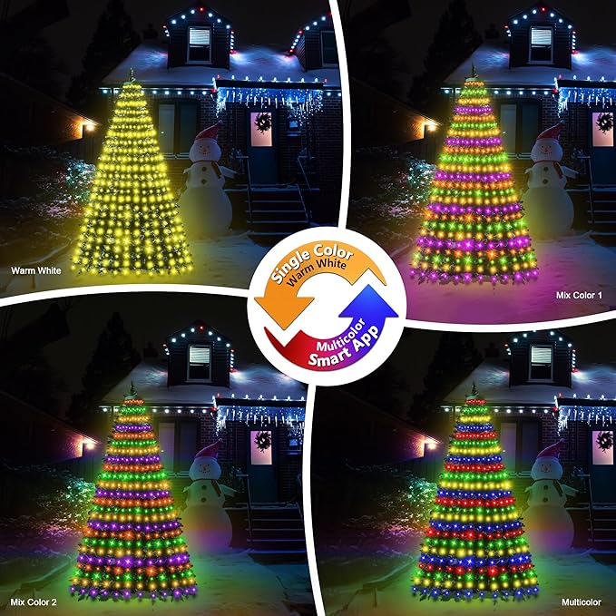 30+ Modes Ring Christmas Tree Lights Indoor Outdoor - 6.56Ft x 12 Lines 288 LED Easy App Control Color Changing Timer Remote Waterproof for 6 7 Ft Xmas Trees (Warm White to Multicolor)